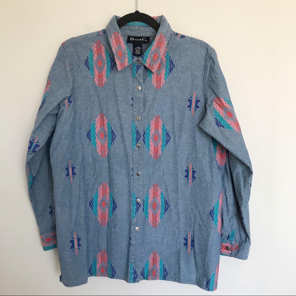 Denim & Co. Aztec Print Denim Button Up Shirt Size Large Western Casual Festival